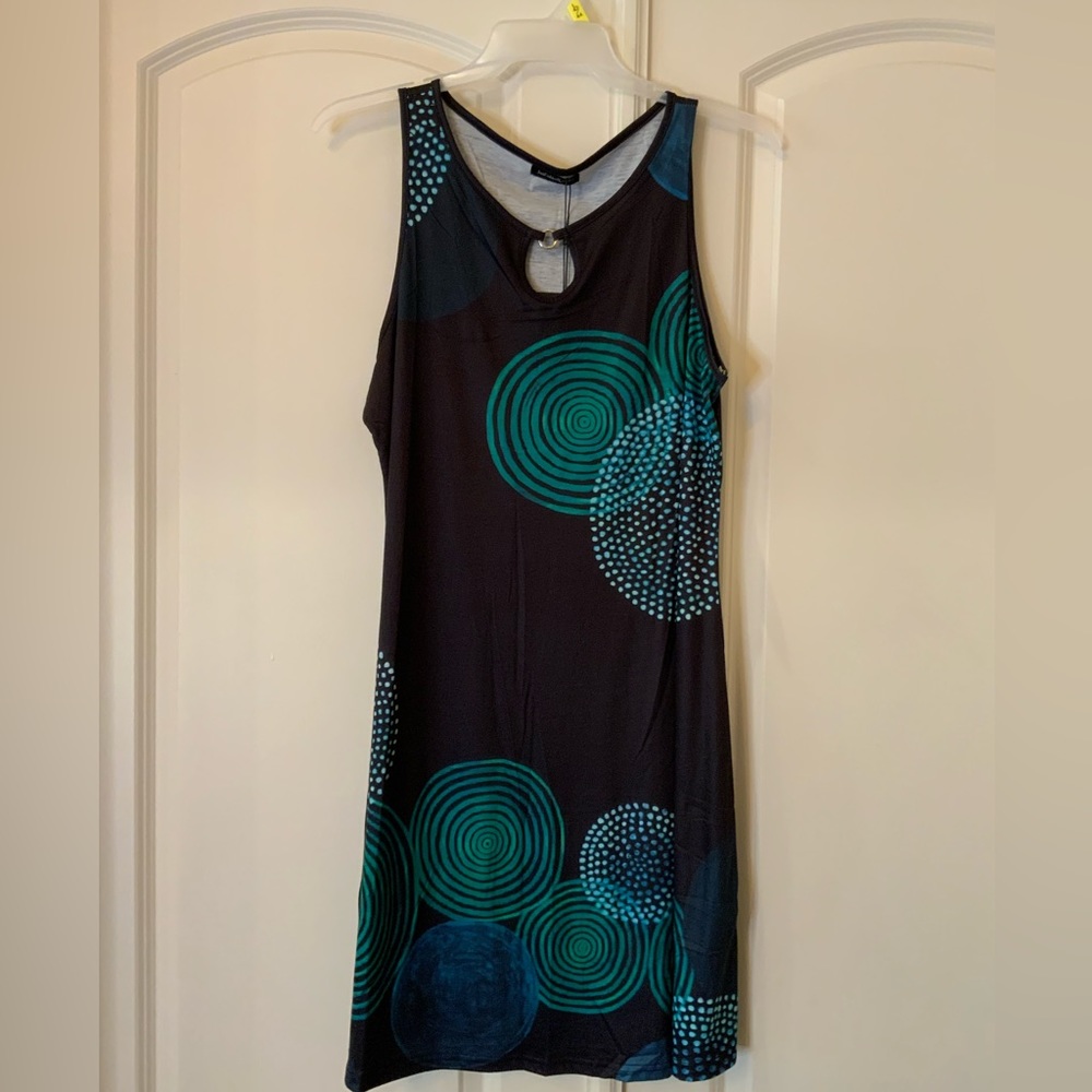 Sleeveless Dress Dark Blue Black with Green Circular design Cotton Blend Size XL